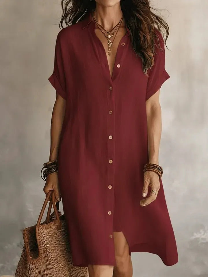 Lapel Short Sleeve Single Breasted Loose Cotton Linen Shirt Midi Dress