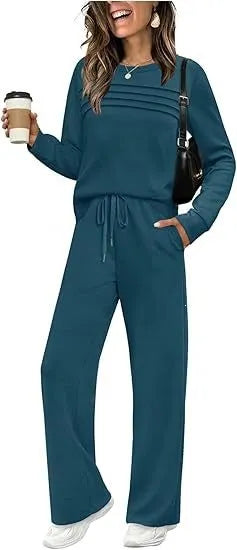 Dark Grey Pleated Detail Top & Drawstring Wide Leg Pants Two Piece Loungewear Set