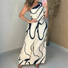 Black Abstract Print One Shoulder Split Maxi Dress