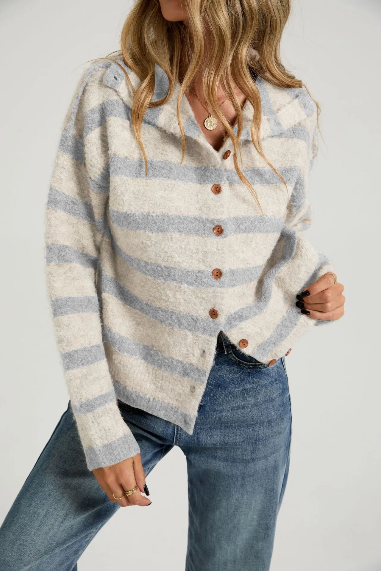 Casual Striped Collared Knit Cardigan Long Sleeve Button Front Sweater for Women