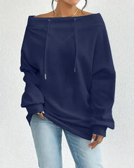 Off-the-Shoulder Dolman Sleeve Sweatshirt Drawstring Neck Top