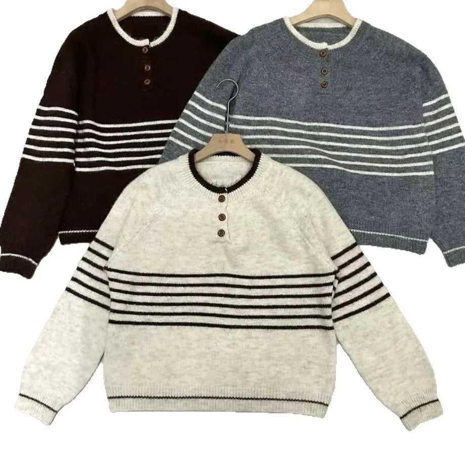 Striped Henley Neck Pullover Sweater