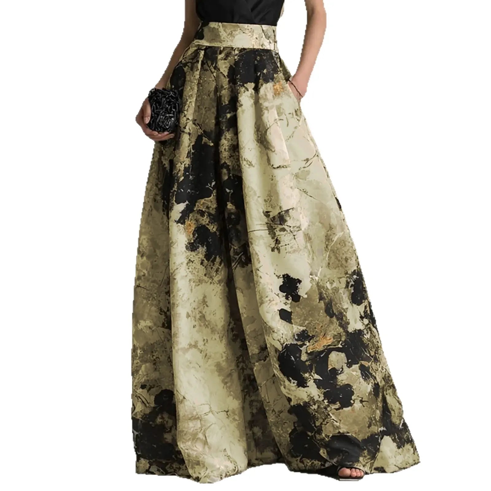 Vintage Ink Painting Print Wide Leg Maxi Skirt, High Waist Formal Party Long Skirt