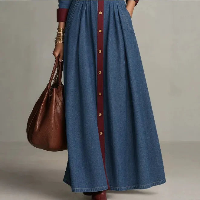 Color Block Denim Maxi Dress, Lapel Collar Long Sleeve Button Down Belted Pleated Shirt Dress