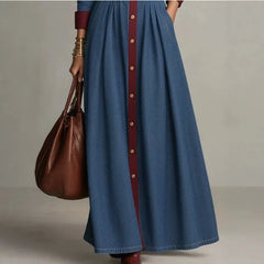 Color Block Denim Maxi Dress, Lapel Collar Long Sleeve Button Down Belted Pleated Shirt Dress