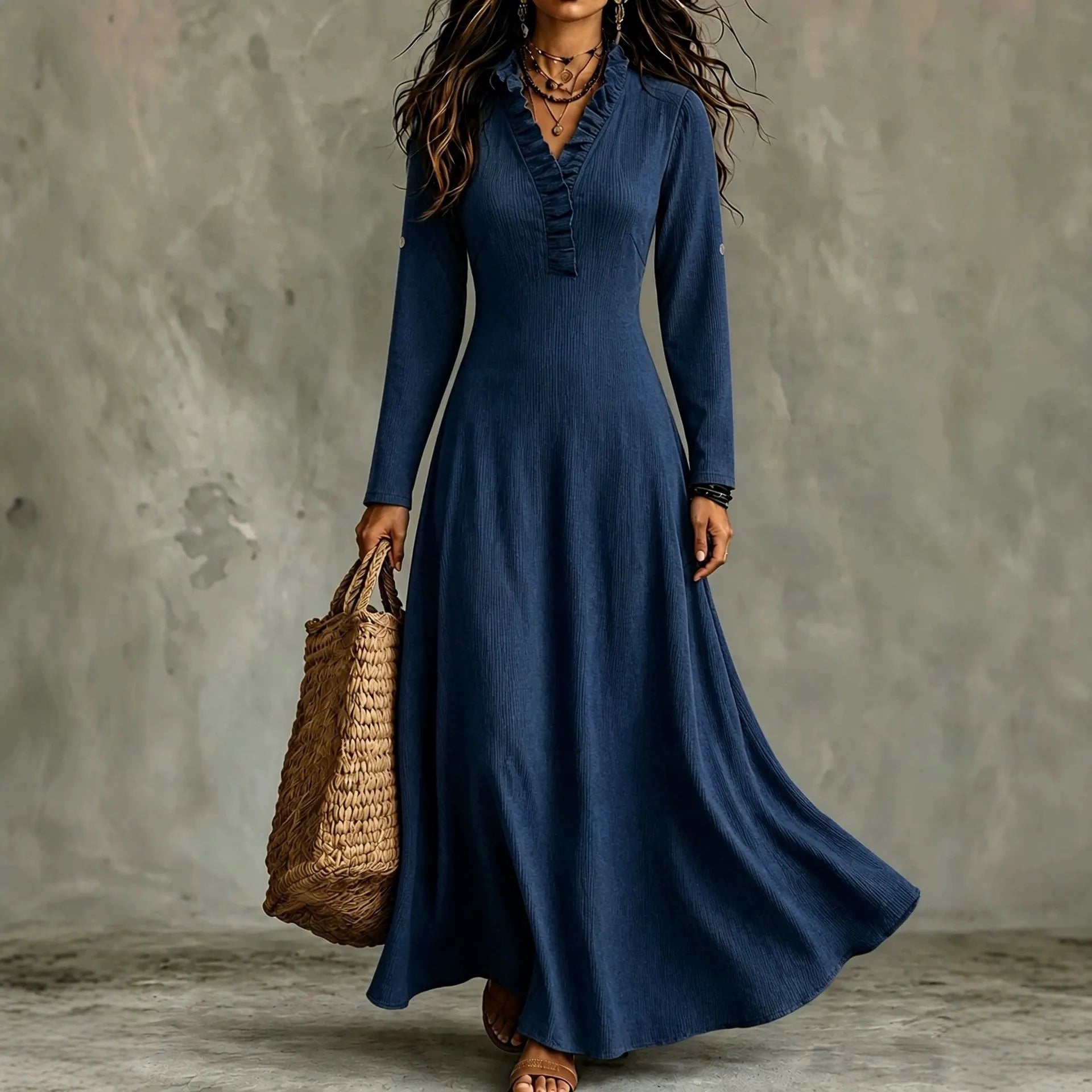 Olive Green Ruffled V-Neck Long Sleeve Flowy Maxi Dress