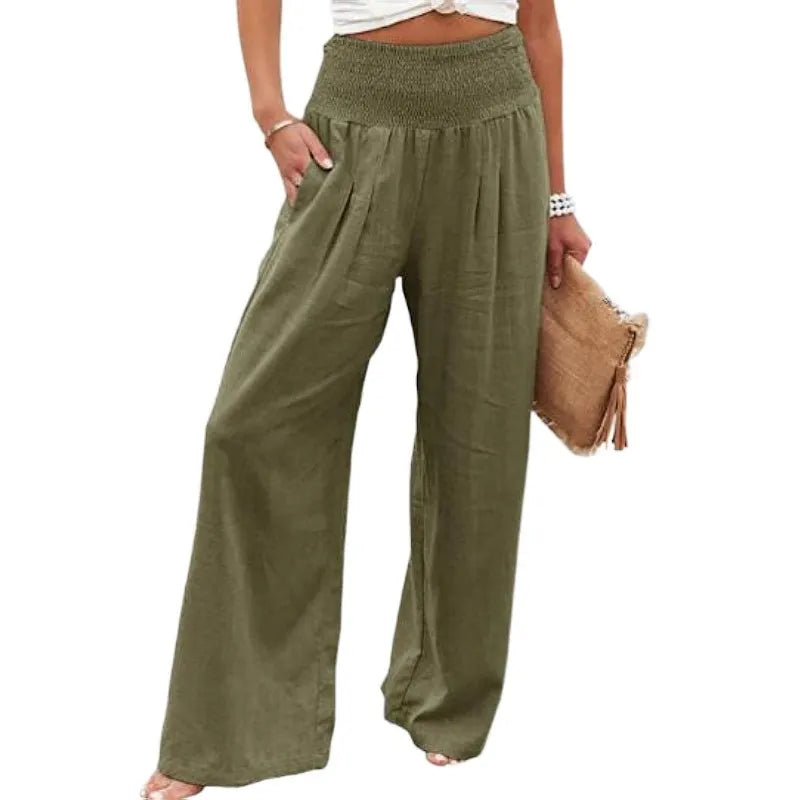 High Waist Smocked Waistband Cotton Linen Wide Leg Pants