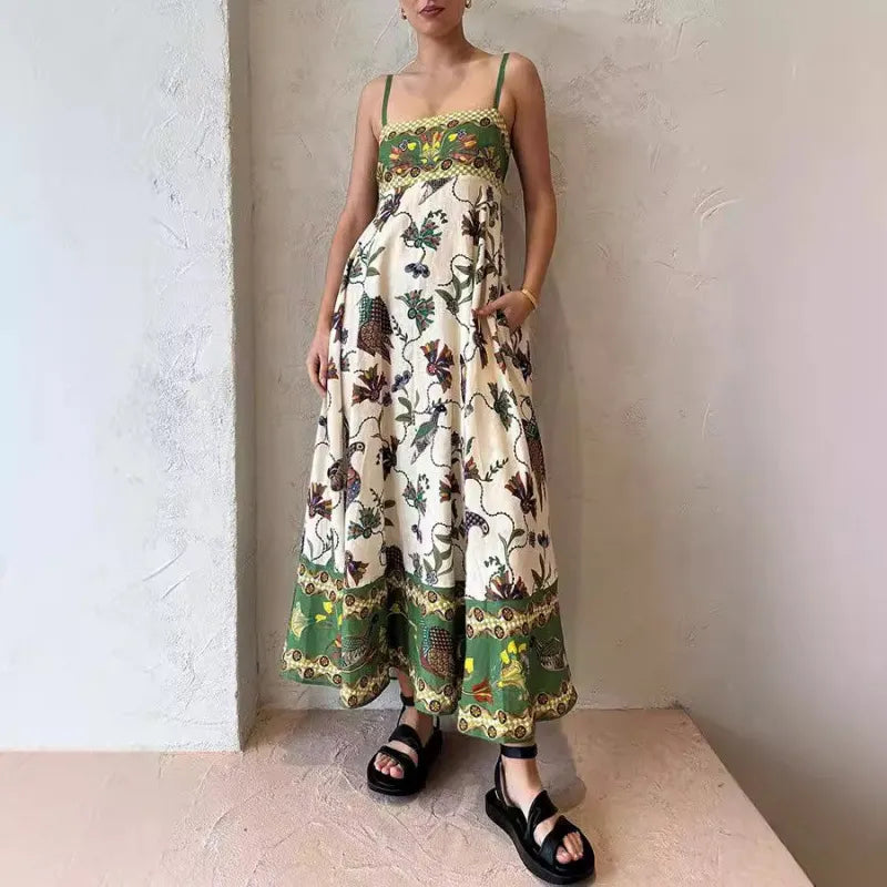 Whimsical Art Print Spaghetti-Strap Maxi Dress
