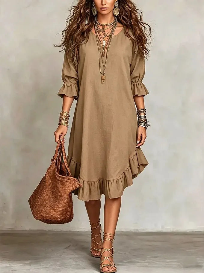 Ruffle Hem Linen Midi Dress
