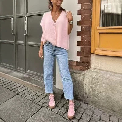 Pink Fuzzy Short-Sleeve Knit Sweater