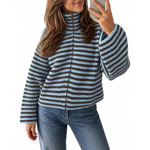 Striped Half Zip Turtleneck Knit Sweater Long Sleeve Cropped Ribbed Pullover