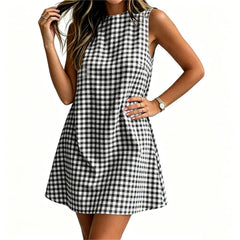 Round Neck Gingham Check Sleeveless Loose A-Line Mini Casual Dress