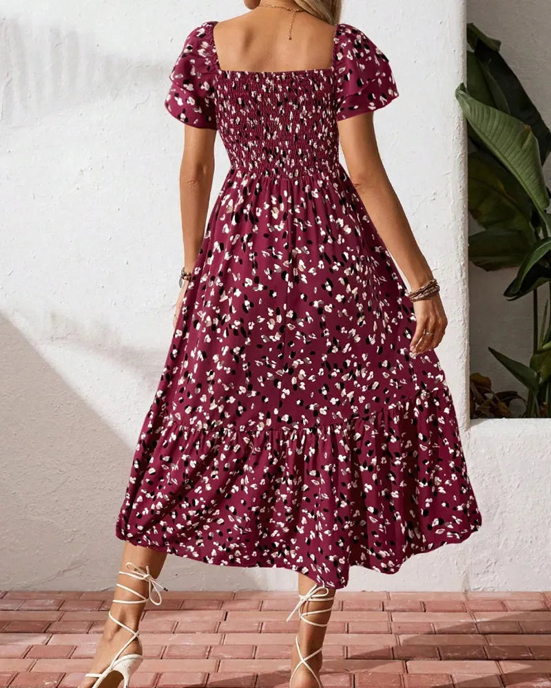Square Neck Ruffle Sleeve Leopard Print Smocked Waist Midi Dress
