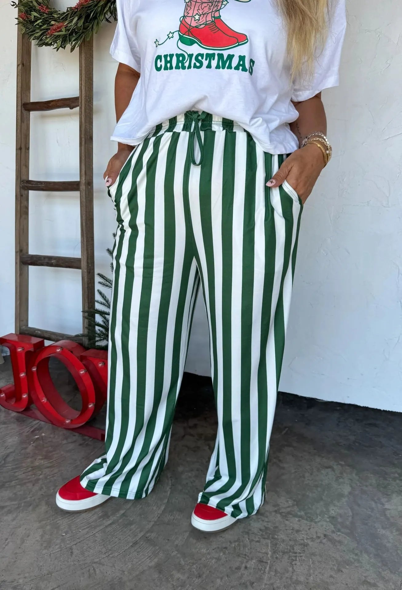 Vertical Stripe Drawstring Wide Leg Casual Pants