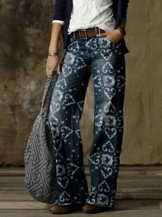 Mid Waist Printed Loose Straight Long Jeans