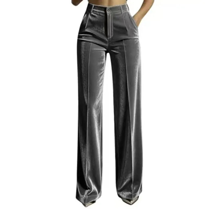 Mid-High Waist Golden Velvet Straight Leg Suit Pants