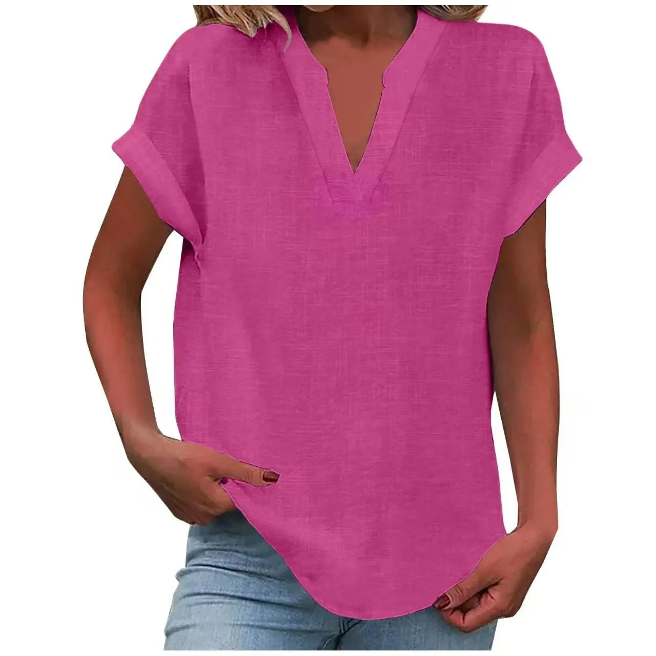 Notched V Neck Cuffed Short Sleeve Loose Cotton Linen Blouse