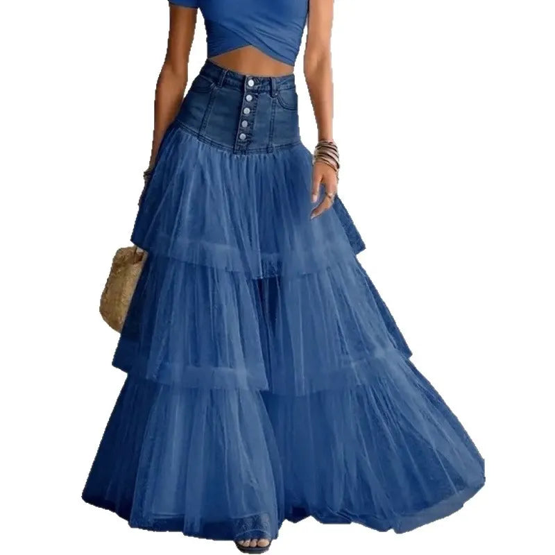 High Waist Denim Patchwork Tiered Tulle Maxi Skirt