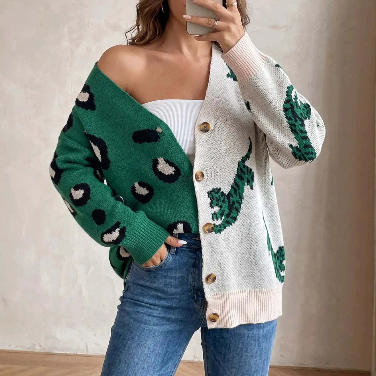 Color Block Leopard Tiger Print Knit Cardigan V Neck Button Down Oversized Sweater Coat