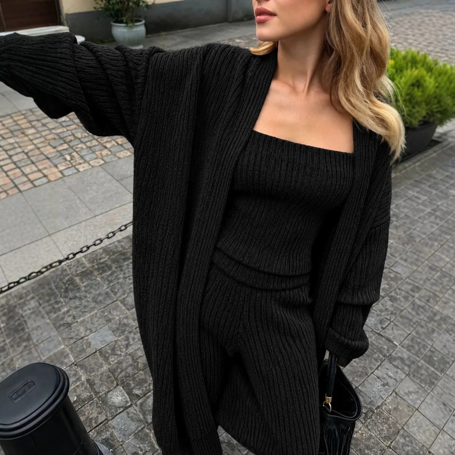 Casual Knit 3 Piece Matching Set, Heather Grey Long Duster Cardigan Cami And Wide Leg Pants Outfit