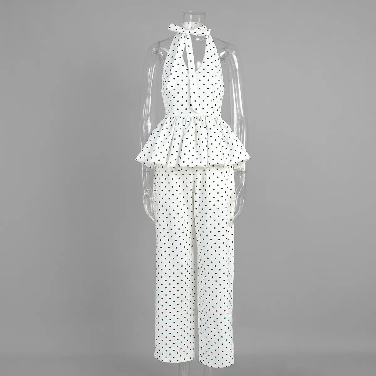 Polka Dot Halter Neck Tie Front Peplum Top and Wide Leg Pants 2 Piece Set