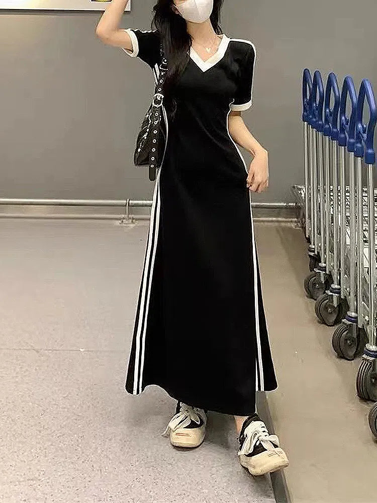 V Neck Striped Side Long Maxi Dress