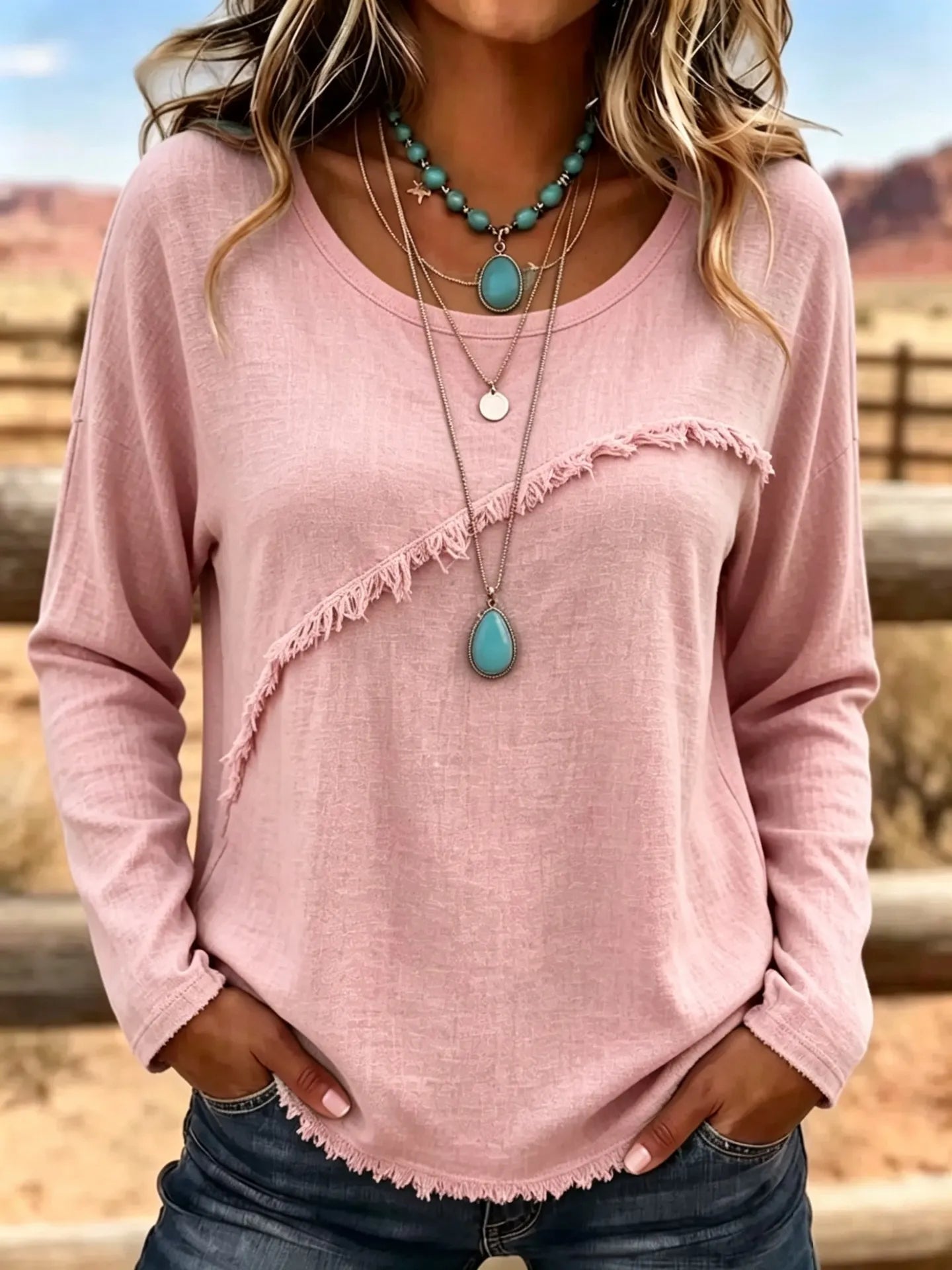 Crew Neck Diagonal Fringe Spliced Long Sleeve Polyester Casual Top