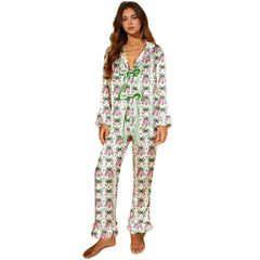 Button Down Ruffle Cuff Long Pants Holiday Loungewear Set