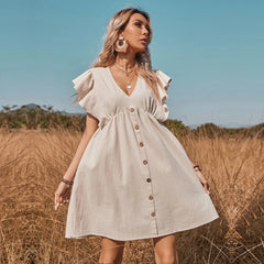 Boho Ruffle Short Sleeve V Neck Empire Waist Mini Dress Button Front Sundress
