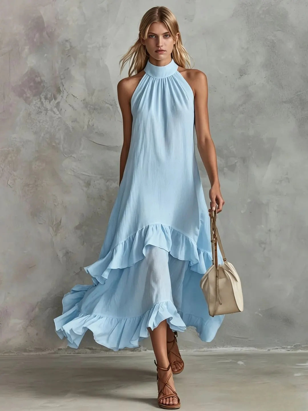 Halter Neck Tiered Ruffle Flowy Midi Chiffon Dress