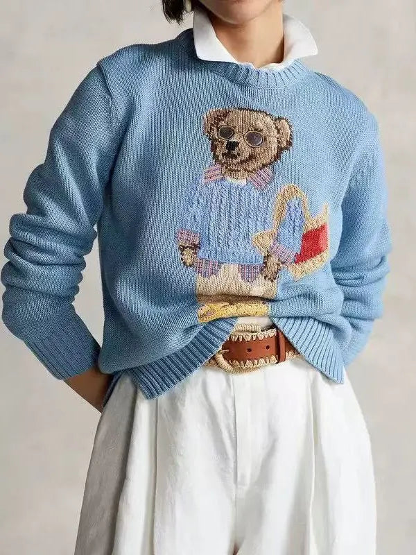 Cartoon Bear Applique Crew Neck Pullover Sweater