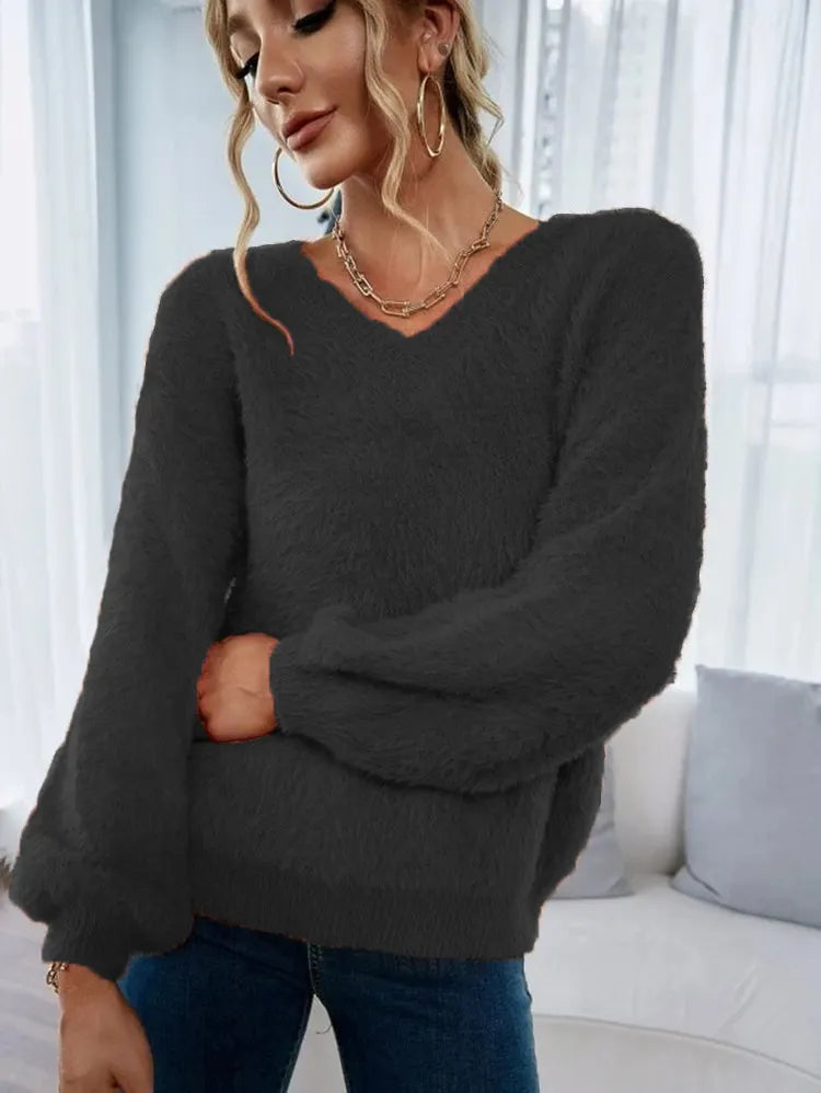 Bright Orange Furry V Neck Sweater Ladies Balloon Sleeve Soft Casual Fall Knit Top