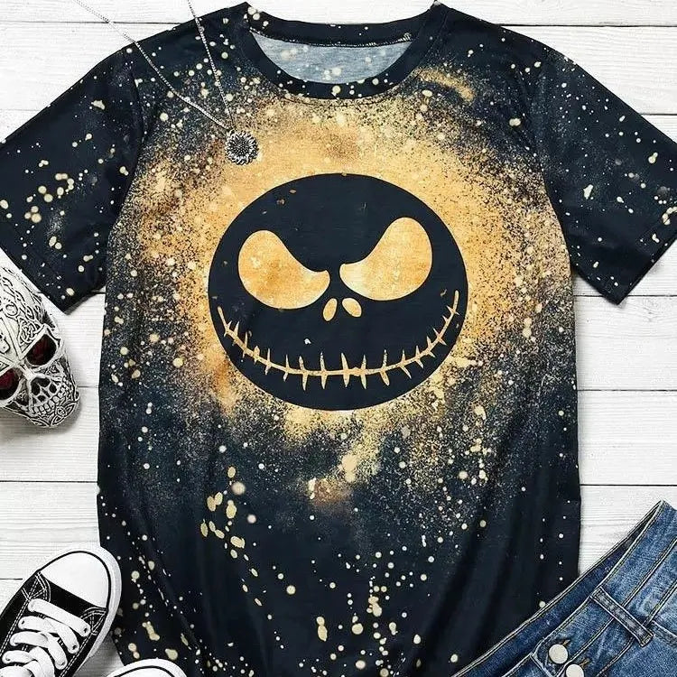 Halloween Skull Face Print Crew Neck Short Sleeve T‑Shirt
