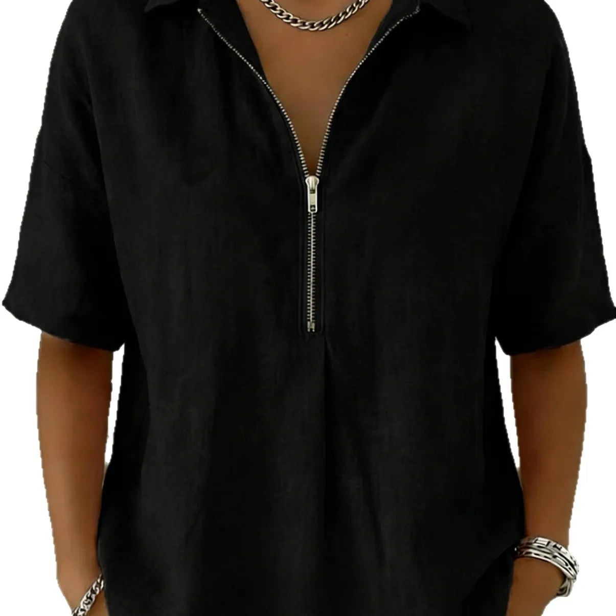 Solid Lapel Half Zip Short Sleeve Casual Top