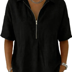 Solid Lapel Half Zip Short Sleeve Casual Top