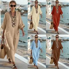 V Neck Seven-Quarter Sleeve Pocket Side Slit Loose Woven Maxi A-Line Dress