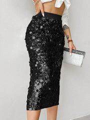 Silver Round Sequin Elastic Waist Midi Pencil Skirt