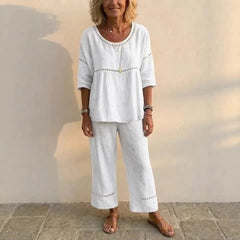 Linen Blend Eyelet 2-Piece Set, Round Neck Blouse and Wide Leg Pants