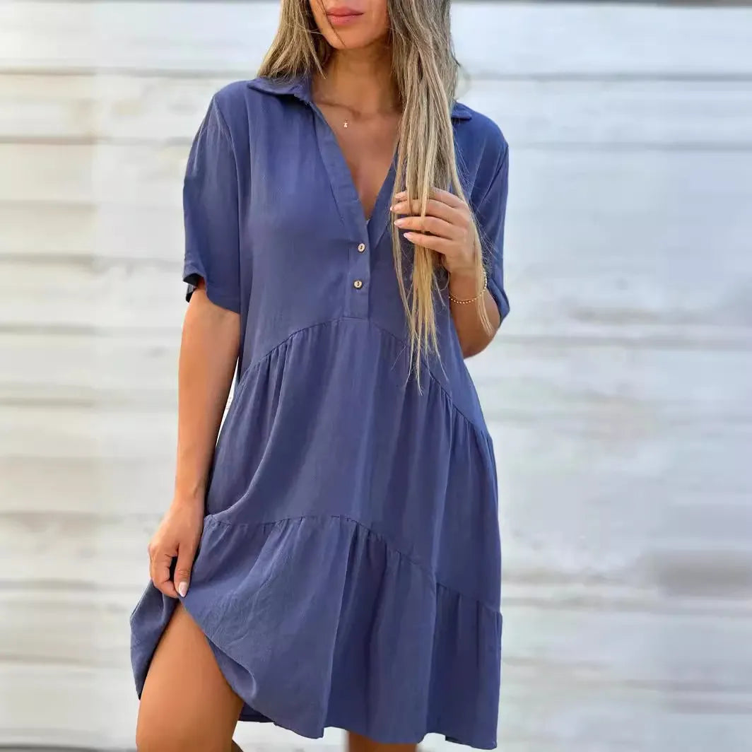 Solid Lapel Half Button Short Sleeve Loose Tiered Cotton Linen Midi Shirt Dress