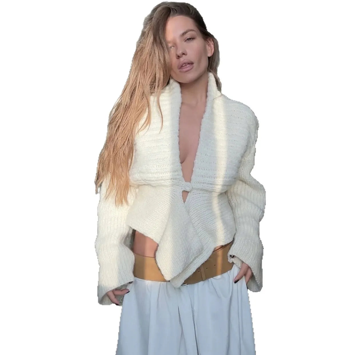 Y2K White Fuzzy Knit Cropped Cardigan One Hook Closure Bell Sleeve Asymmetric Hem Fall Sweater