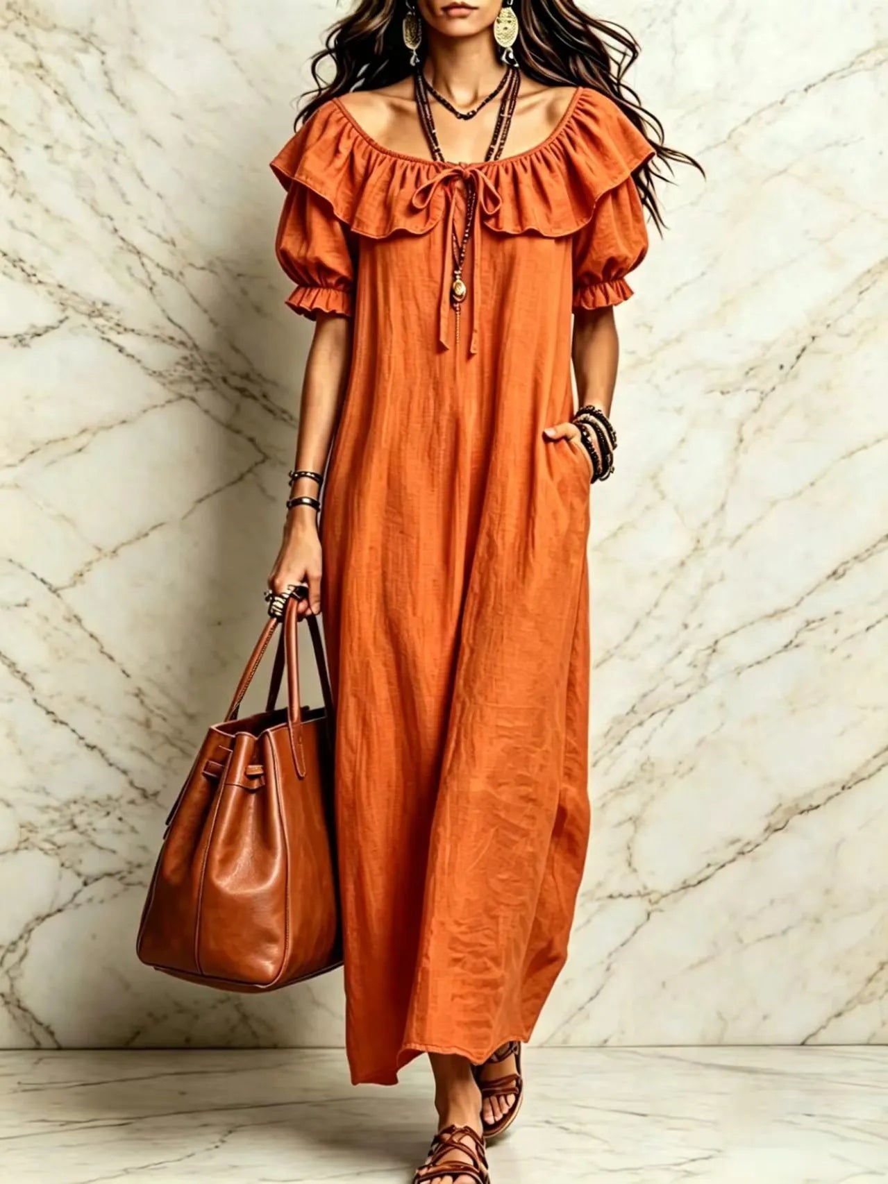Ruffle Neck Puff Sleeve Maxi Dress