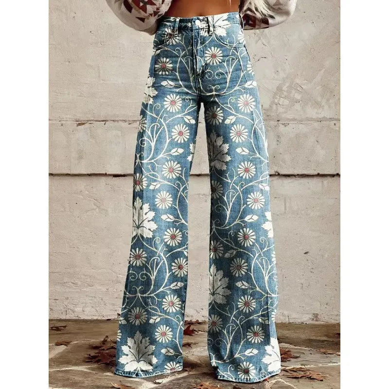 High Waist Western Cowboy Horse Print Wide Leg Pants
