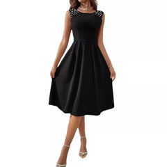 Sleeveless Pearl Decor Midi Swing Dress