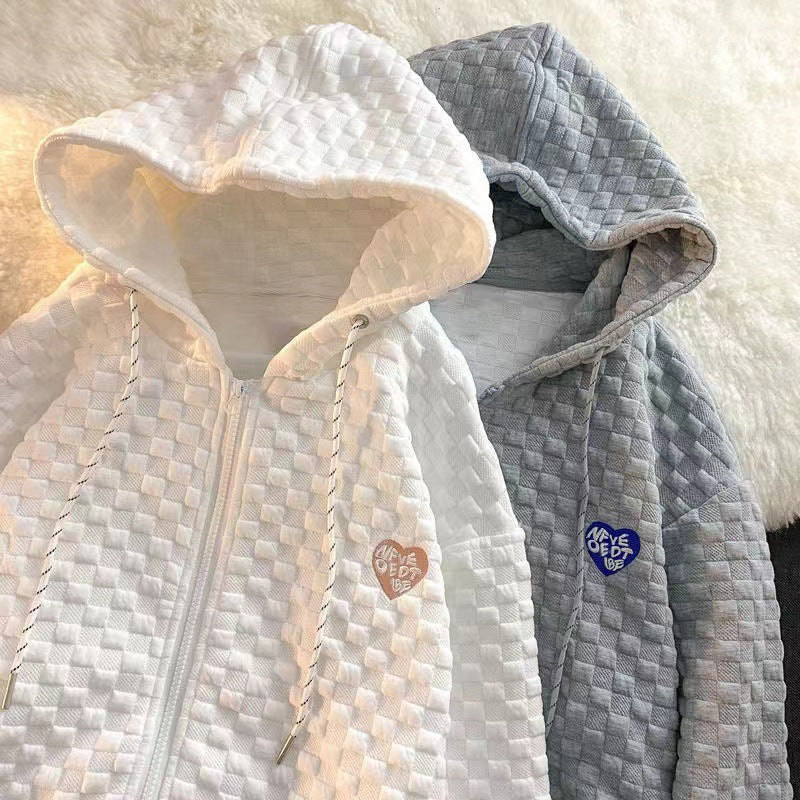 Waffle Textured Grid Heart Patch Zip Up Hoodie Loose Casual Sweatshirt