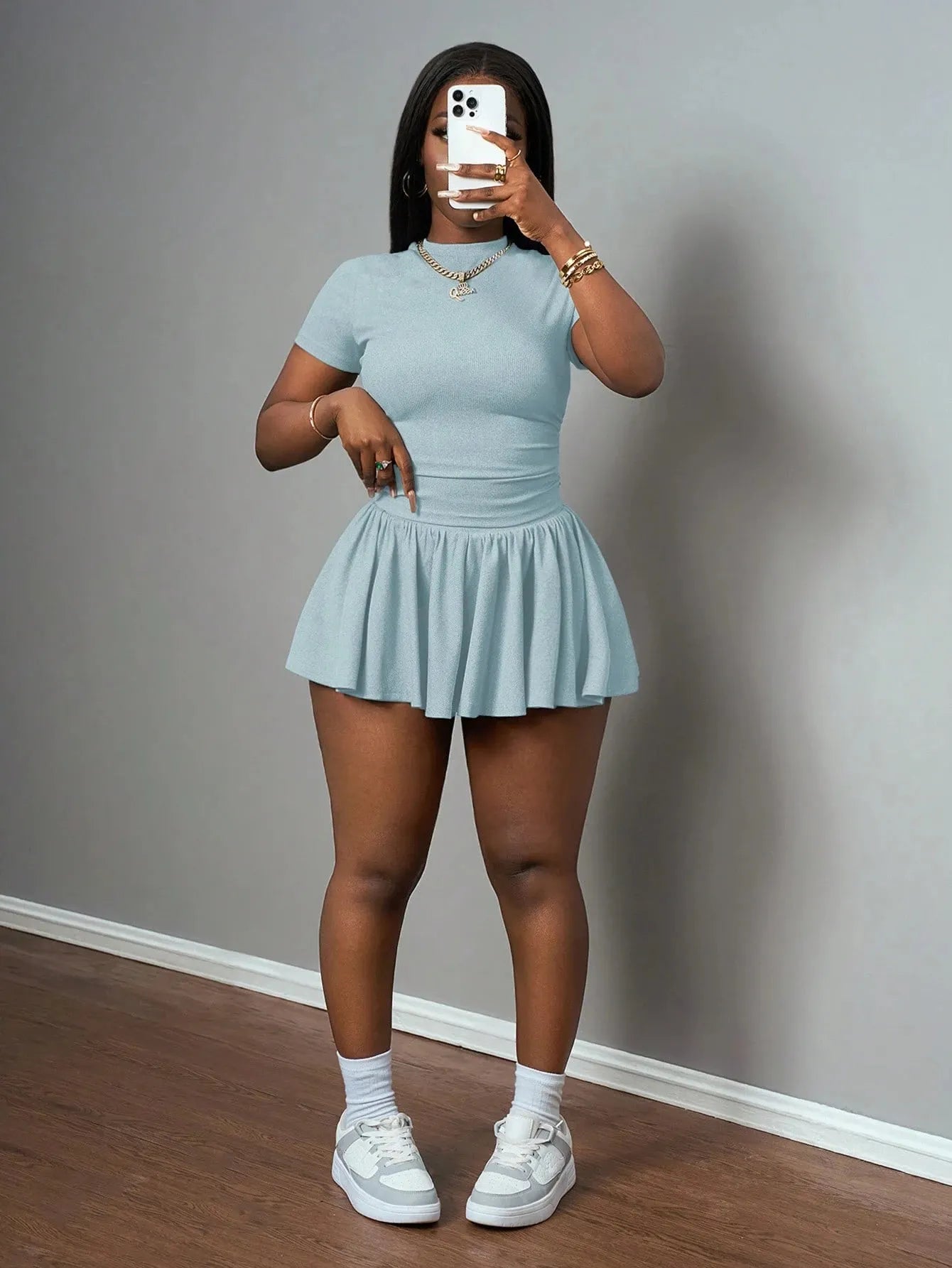 Ribbed Short Sleeve Crop Top & Ruffled Flared Skort Two Piece Set