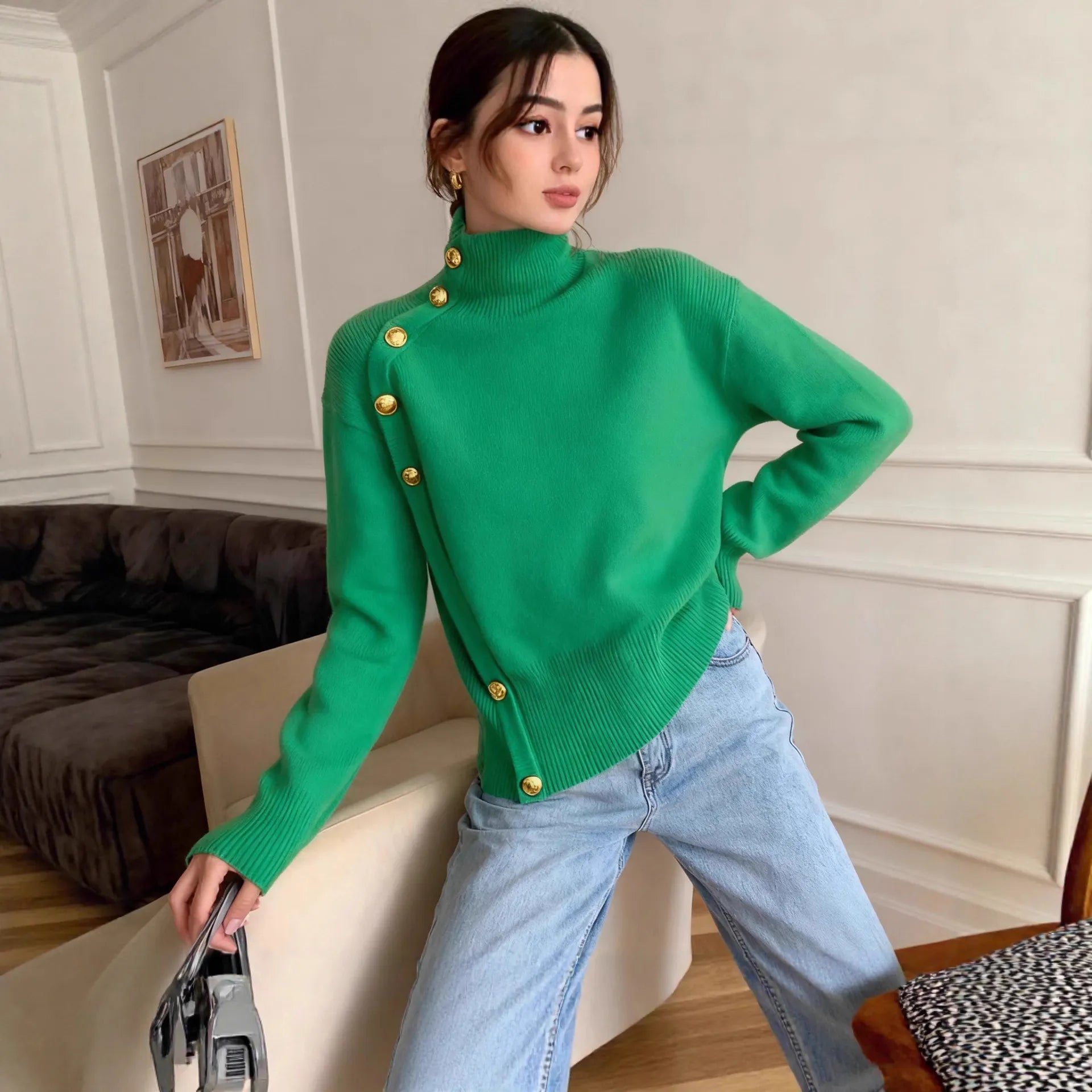 Chic Blue Turtleneck Knit Sweater, Statement Side Gold Buttons Casual Fall Winter Top