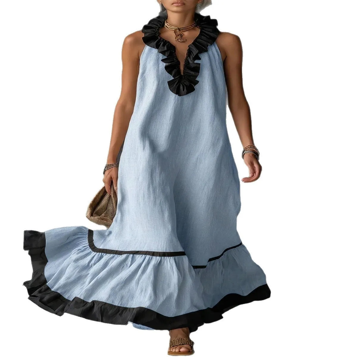 Contrast Ruffle V-Neck Sleeveless Maxi Dress