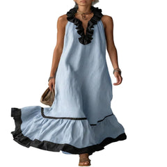 Contrast Ruffle V-Neck Sleeveless Maxi Dress