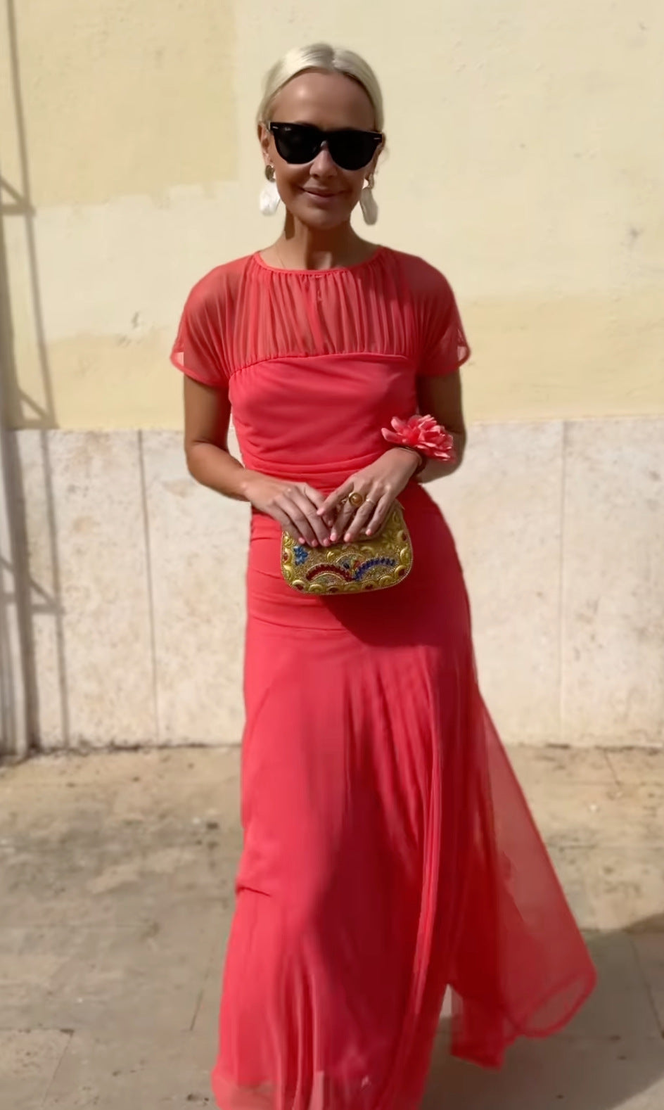 Coral Sheer Mesh Maxi Dress