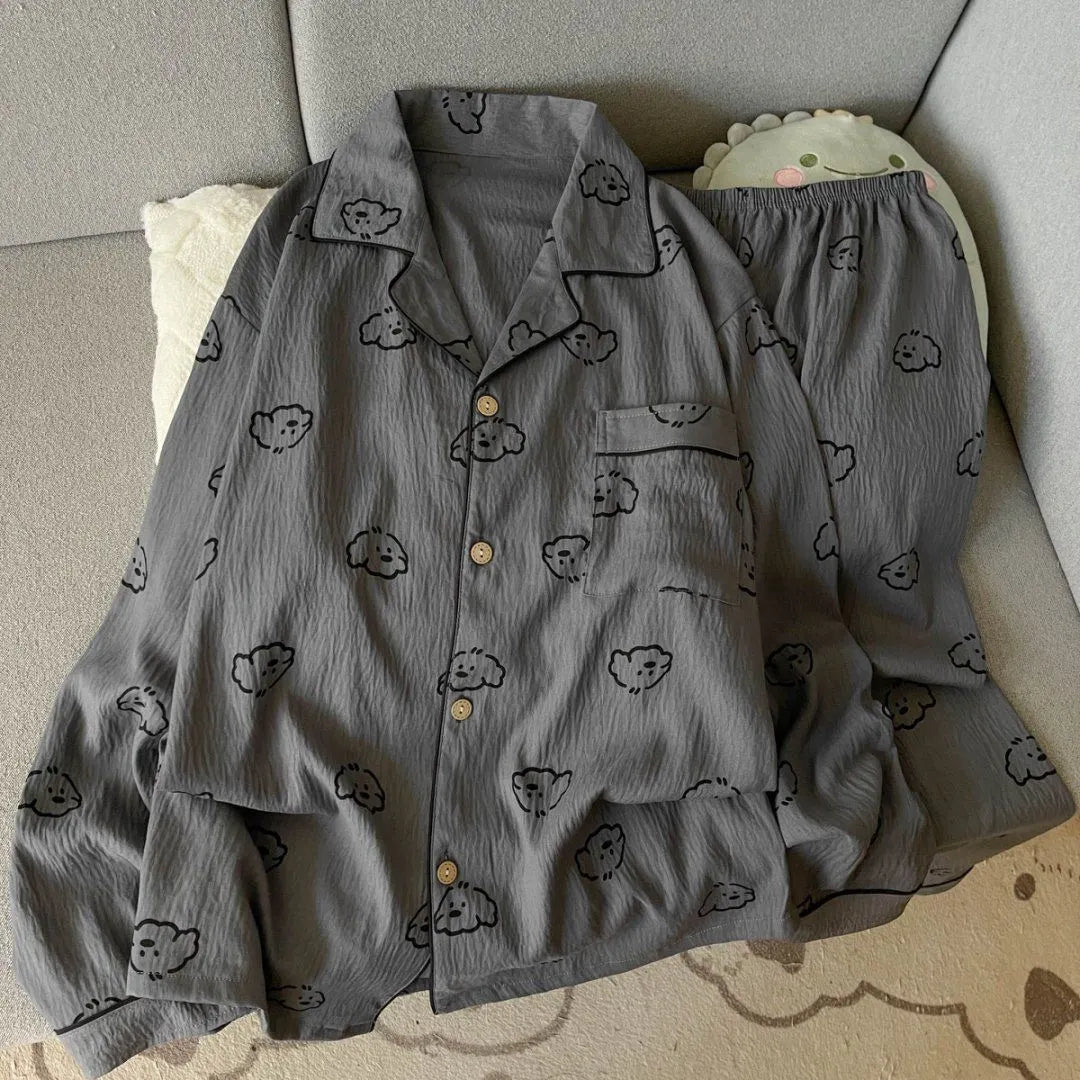 Light Blue Leopard Shirt & Pants 2 Piece Pajamas with Pocket Embroidery